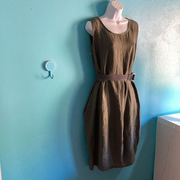 Oversized Olive Green 100% Linen Dress Avant Garde Like Rundholz "One Size" - Picture 7 of 11